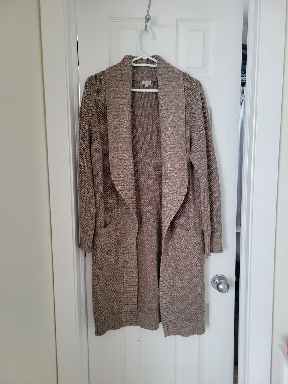 Kismet Taupe Open-Front Knit Long And Thick Cardigan with Shawl Collar